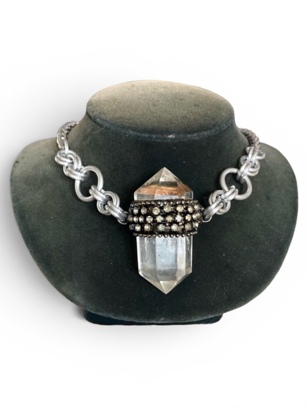 Genuine big Double point clear crystal quartz maille silver boho necklace .